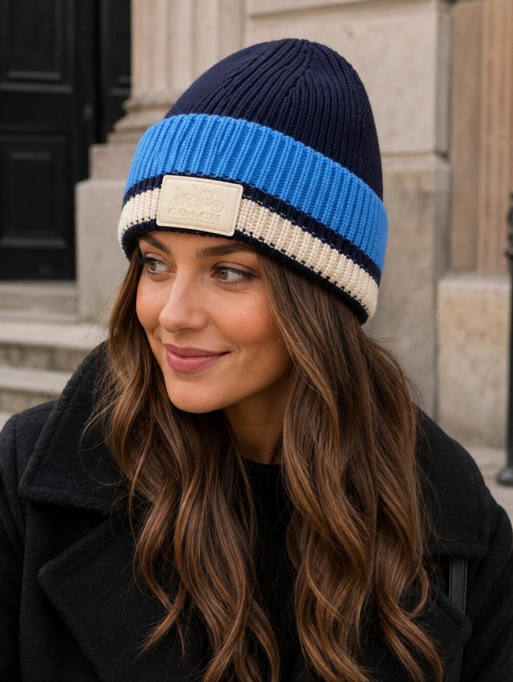Coach Varsity Stripe Patch Beanie One Size Blue Multi